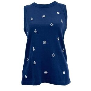 LOFT Navy Sleeveless Top with Nautical Embroidery, Coastal Preppy NWT